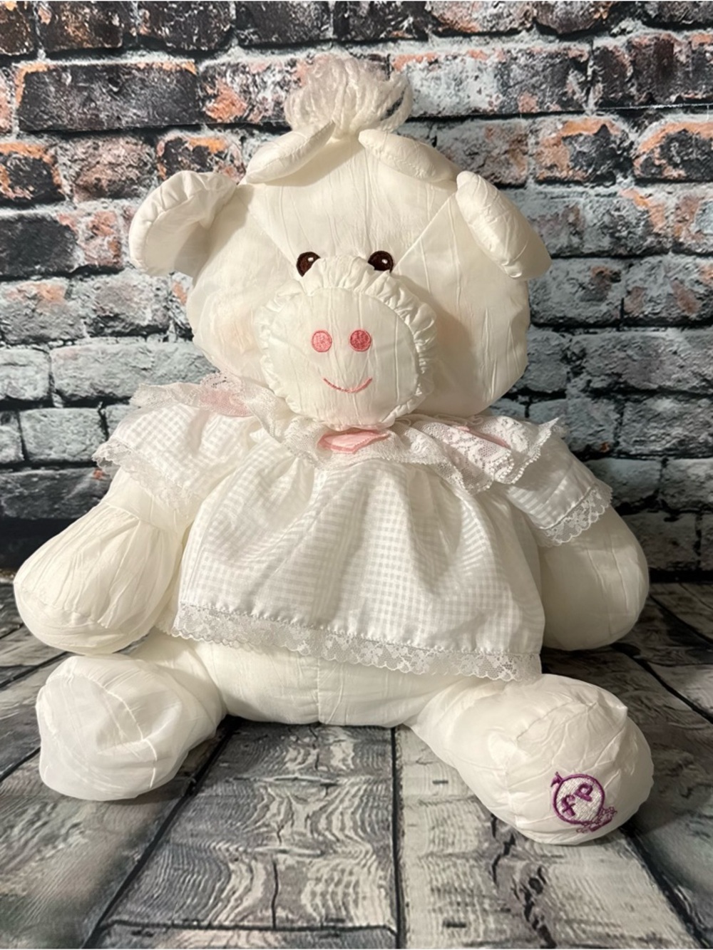 Vintage 1986 Fisher Price Puffalump White Cow With Pink Hearts Dress 13” Plush